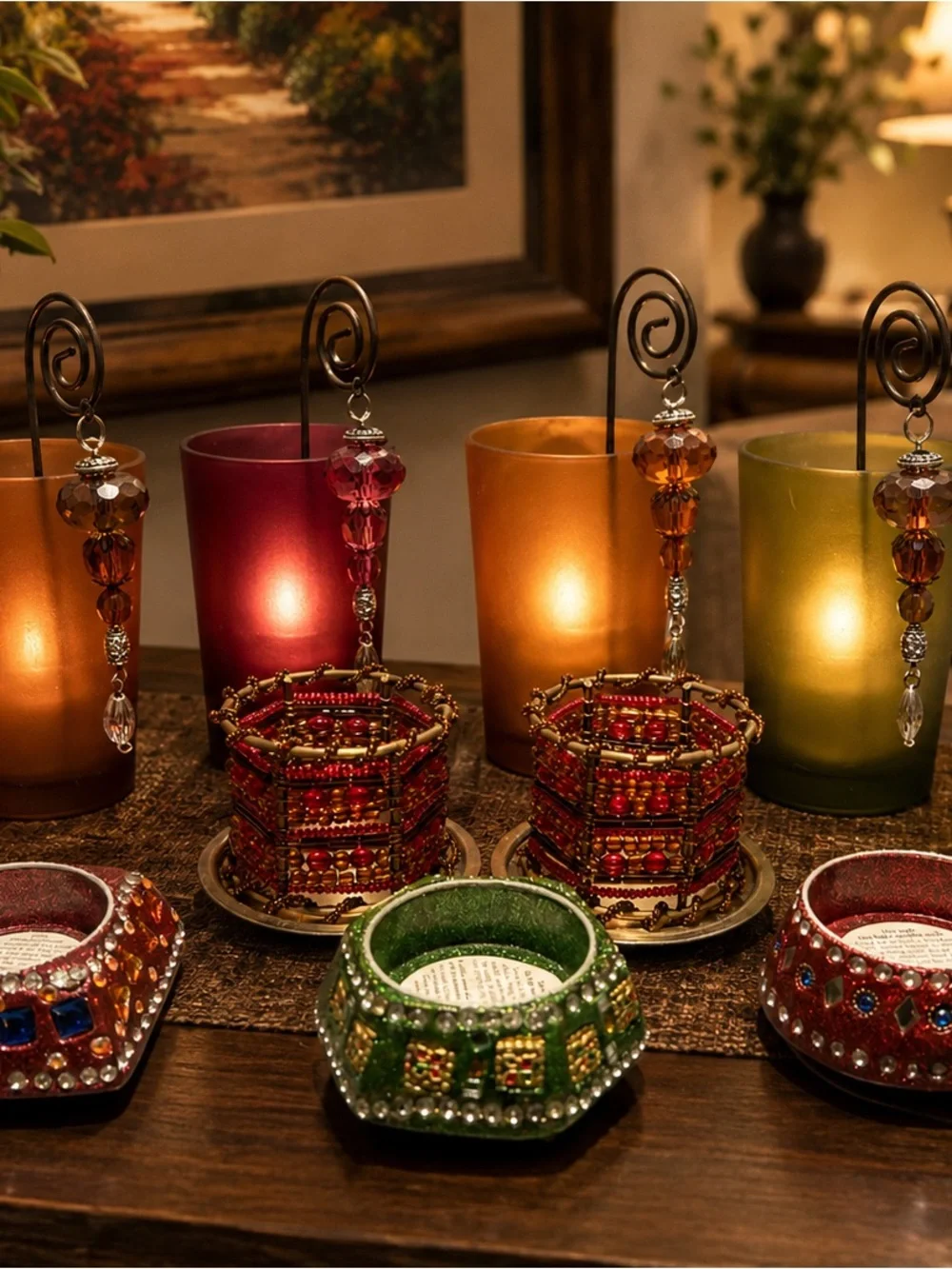 Decorative Beaded Tealight Holders Set - Red & Green